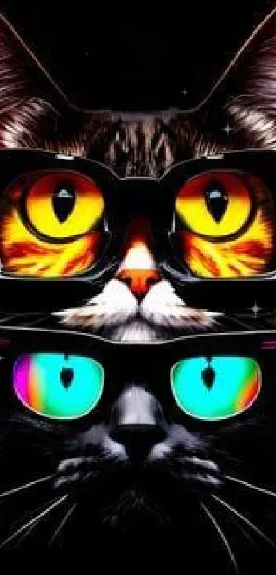 A stylish cat with glasses in vibrant colors on a black background.