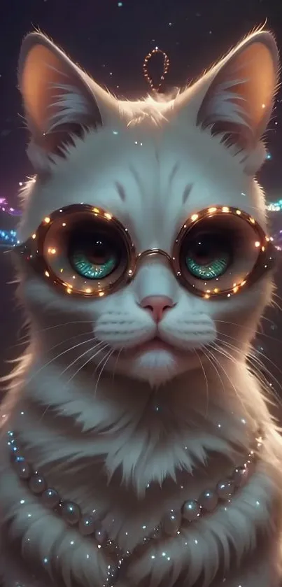 White cat with glowing glasses and pearls in a fantasy style.