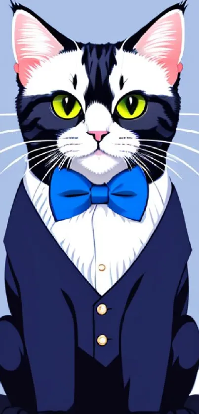 Cartoon cat in blue suit with bright green eyes on a light blue background.