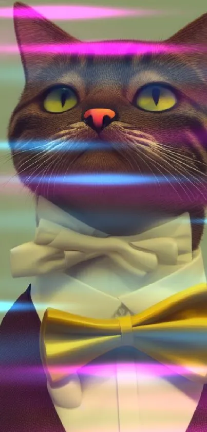 Stylish cat in white shirt and yellow bowtie against a green background.