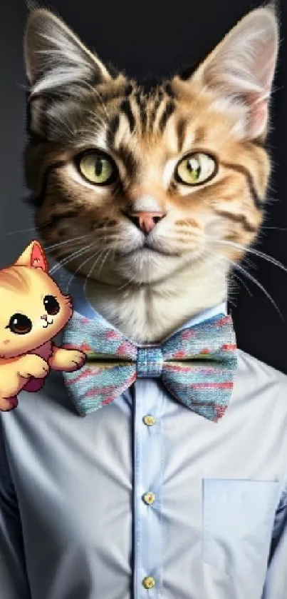 Cat in a bowtie with cartoon character on shirt.