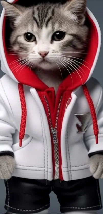 Adorable cat in a stylish hoodie with red accents, perfect phone wallpaper.