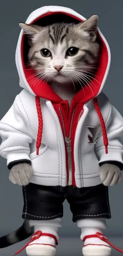 Adorable cat in a hoodie with red and white accents, perfect for mobile wallpaper.