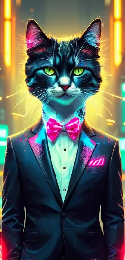 A stylish cat in a neon-lit cityscape wearing a bowtie.