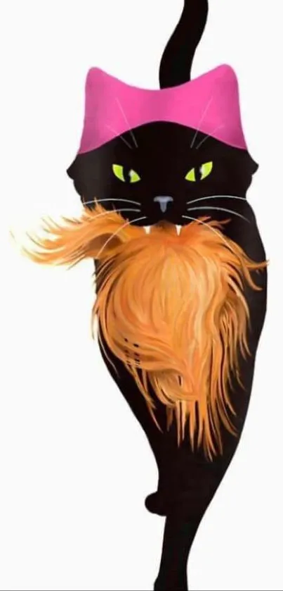 Stylish black cat with pink hat and orange mane on white background.