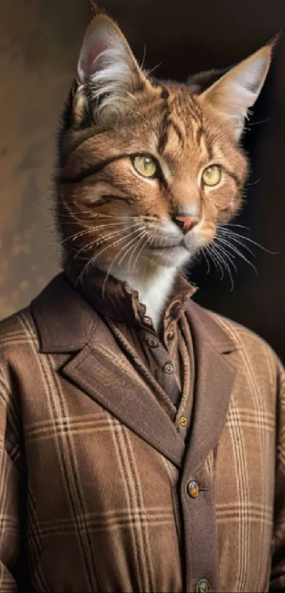 Cat in brown plaid suit wallpaper, stylish and artistic, for mobile devices.