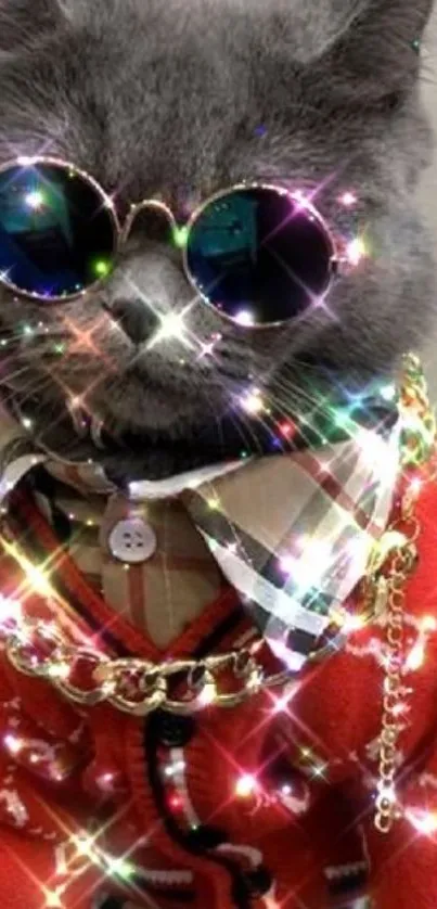 Cat wearing sunglasses and red sweater with sparkle effects.