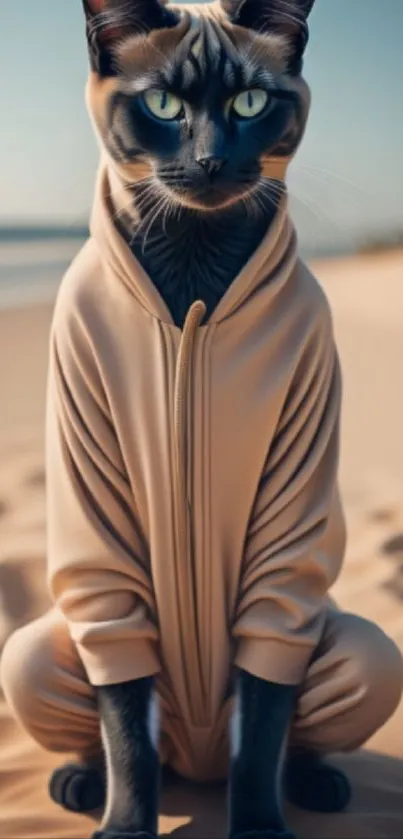 Fashionable cat in a hoodie on sand dunes, stylish mobile wallpaper.