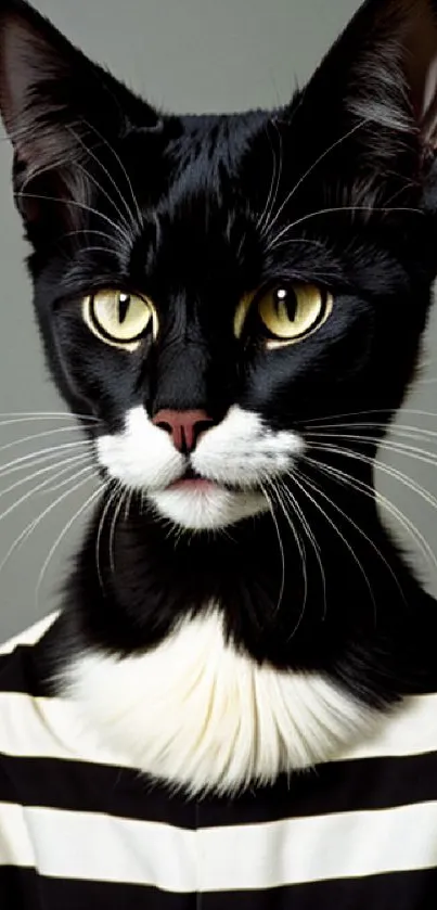 Stylish black and white cat with a striped shirt.