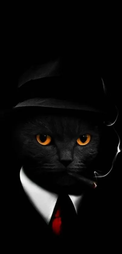 Elegant cat in suit and hat with a mysterious vibe.