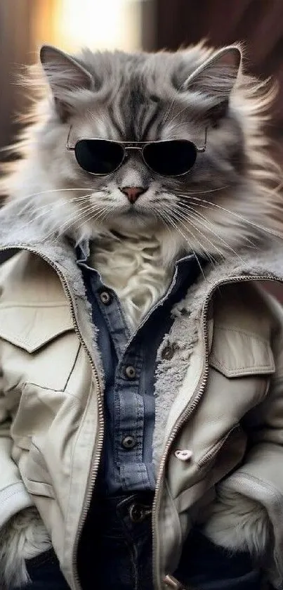 A cat wearing sunglasses and a leather jacket in an urban setting wallpaper.