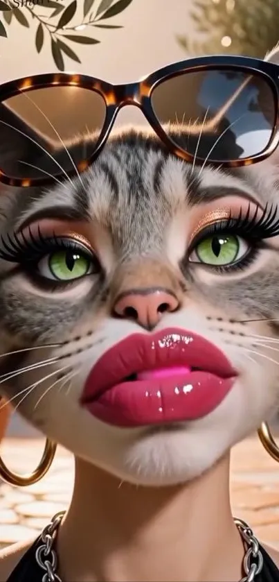 A fashionable cat wearing sunglasses and hoop earrings in a sunny setting.