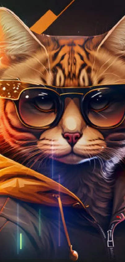 Stylish cat wearing sunglasses and a hoodie in artistic design.