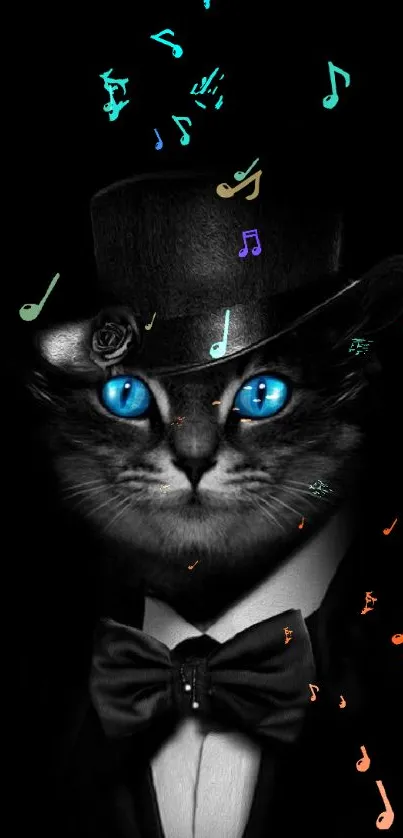 Cat in tuxedo with blue eyes on black background wallpaper.