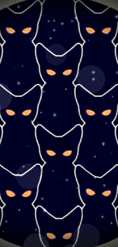 Navy silhouettes of cats with orange eyes on a mobile wallpaper.