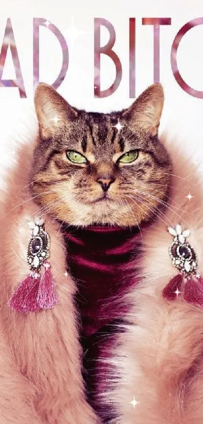 Luxurious cat with pink fur coat, chic wallpaper.