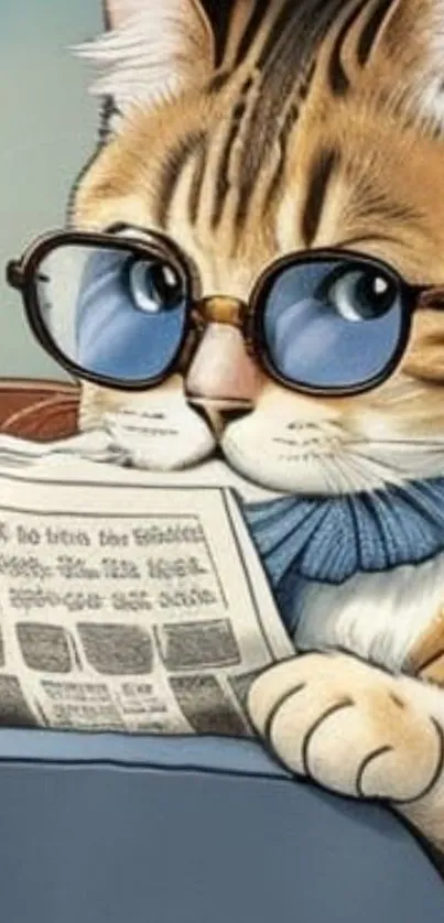 Cartoon cat wearing glasses reading a newspaper.