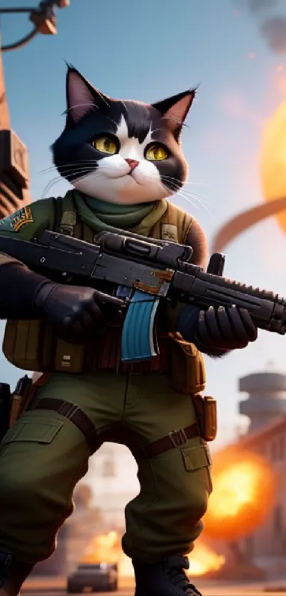 Cartoon cat soldier in urban setting with vibrant colors.