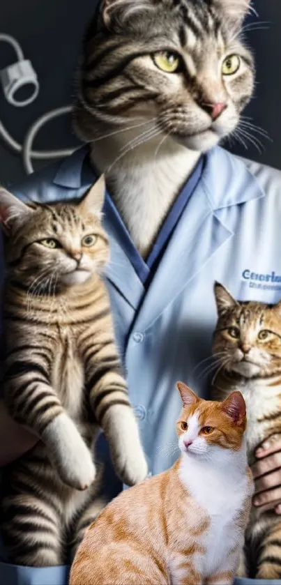 Cats in a veterinarian coat mobile wallpaper, perfect for pet lovers.