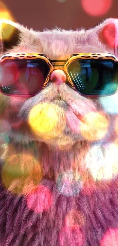 A stylish furry cat wearing sunglasses on a colorful background.