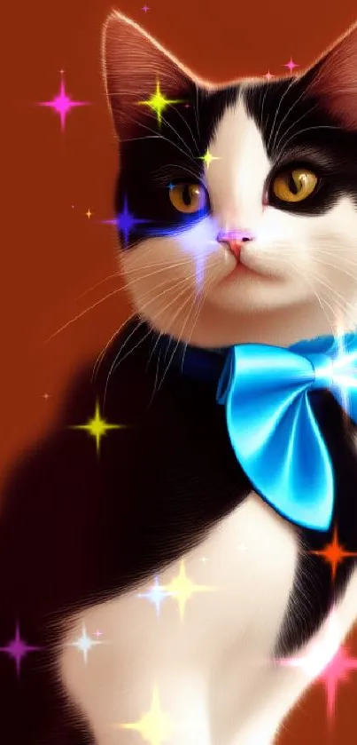 Black and white cat with blue bow on brown background.