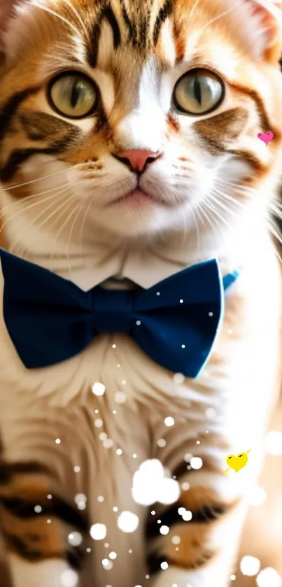 Cute cat with a blue bow tie and colorful accents.