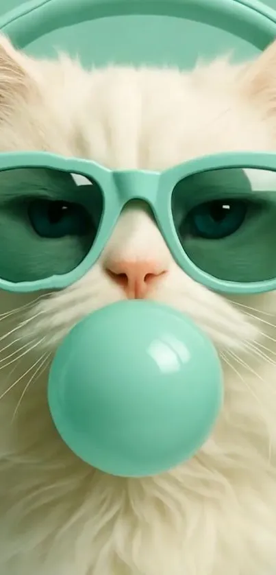 Cat wearing teal sunglasses and blowing bubblegum.