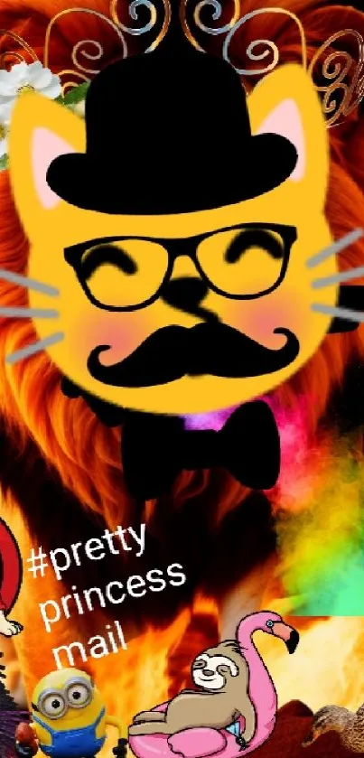 Stylish cat with glasses over fiery, colorful background featuring playful characters.