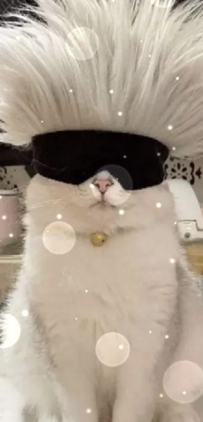 Funky white cat with spiky hair and shades in kitchen wallpaper.