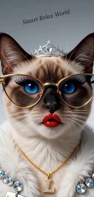 Cat with glasses, crown, and jewelry in a stylish portrait.