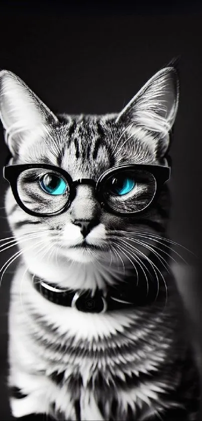 Stylish cat wearing glasses with striking blue eyes on a dark background.