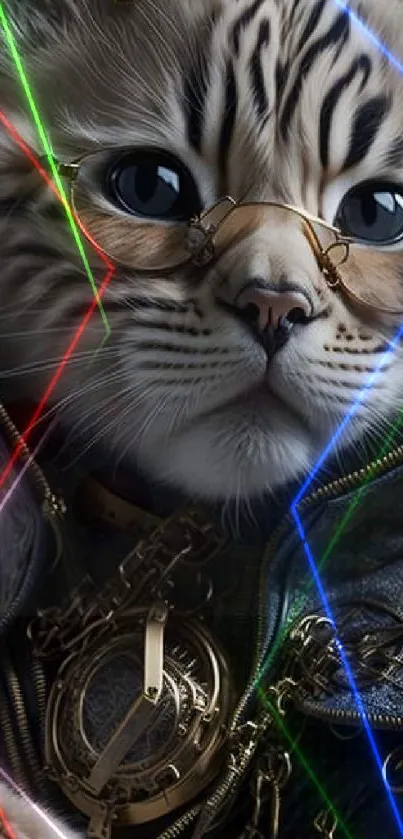 A stylish cat wearing glasses with a laser background, perfect for phone wallpaper.