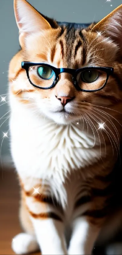 Cat with glasses sitting on a wooden floor.