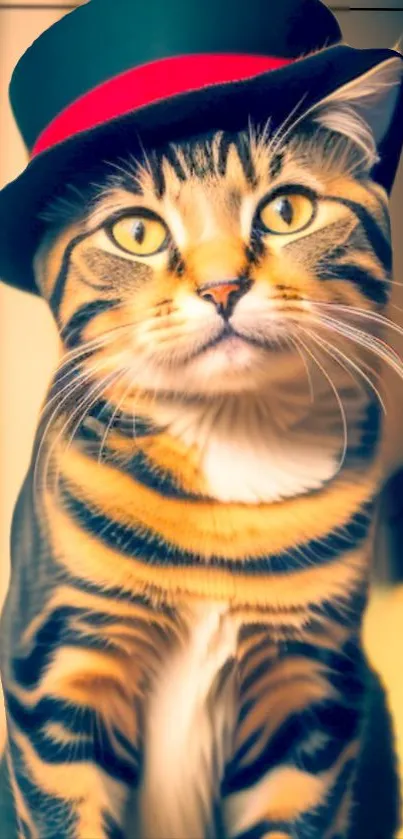 Stylish cat wearing a black hat with a red stripe on a vivid wallpaper.