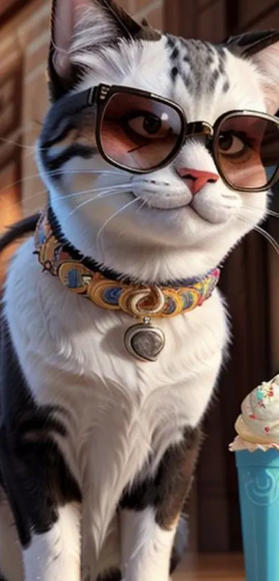 Stylish cat with sunglasses and ice cream cone.