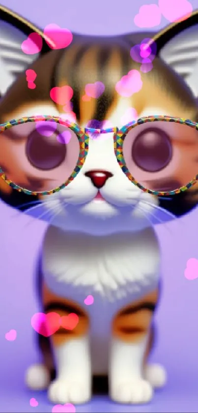 Cute cat with sunglasses on a lavender background.