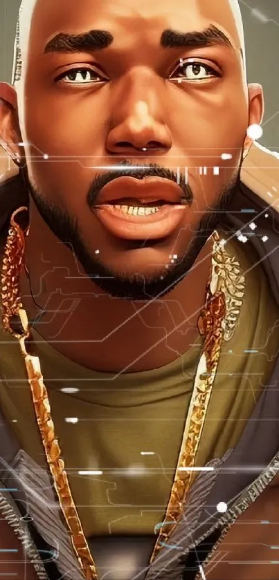 Stylish animated character with gold chains on a mobile wallpaper.