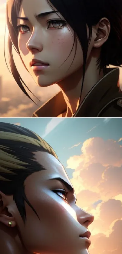 Stylized dual character anime portrait at sunset cityscape.