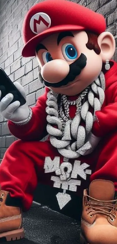 Cartoon character in red outfit with chain necklace, using a phone.