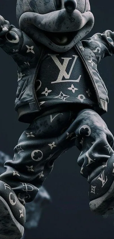 Cartoon character in dynamic pose with fashionable outfit.