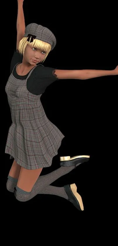 3D animated female character in stylish dress jumping on black background.