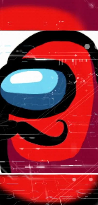 Red digital character with mustache on wallpaper.