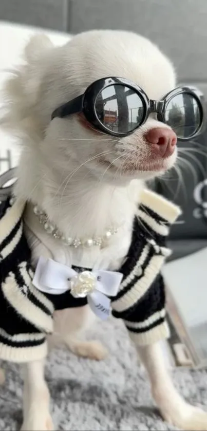 Chihuahua in sunglasses and striped sweater