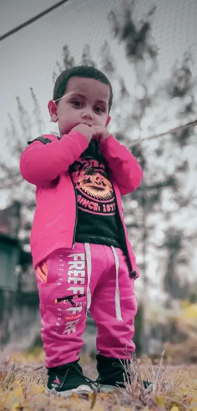 Child in pink clothes standing in autumn leaves.