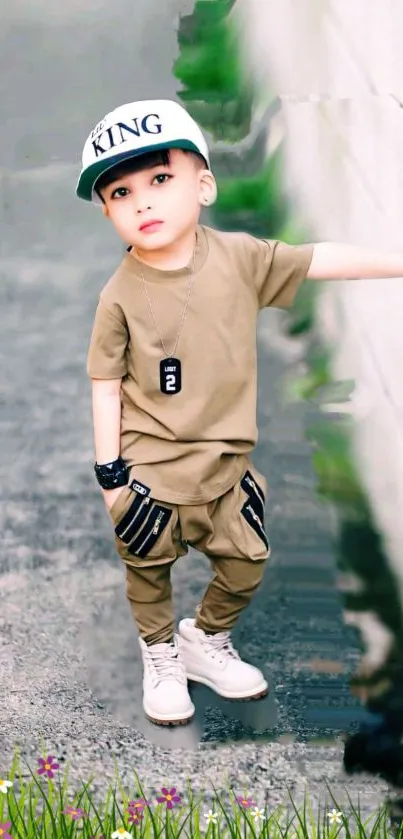 Stylish child in khaki outfit and cap leaning on wall.