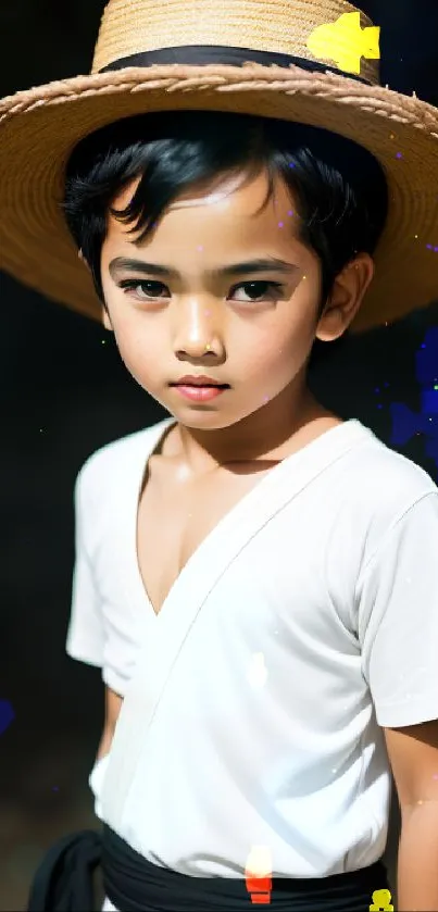 Young boy in straw hat with neutral background.