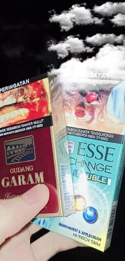 Two cigarette packages held against a dark background.