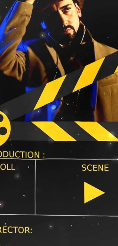 Cinematic wallpaper with film clapperboard design and vibrant colors.