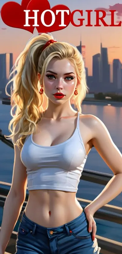 Stylish blonde girl with city backdrop at sunset.