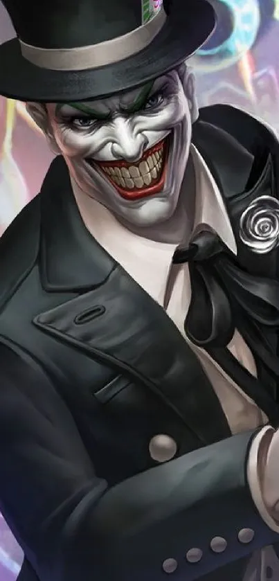 Stylish clown character in a dark suit with a vibrant background.